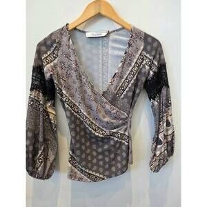 NEW VAVA women's mixed print wrap top in multi taupe